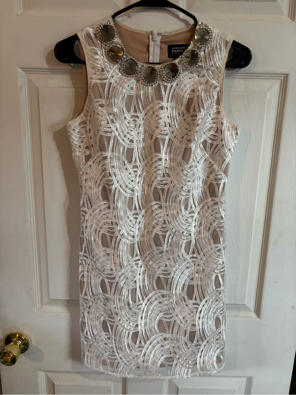 Adrianna Papell White Beaded Midi Dress with Jeweled Collar Detail